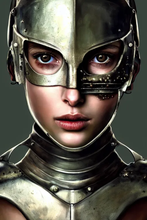 Image similar to a photorealistic painting of an attractive young girl, partially clothed in dirty metal-plated battle armor, spots of blood, olive skin, long dark hair, beautiful bone structure, symmetrical face, perfect eyes, intricate, elegant, digital painting, concept art, illustration, sharp focus, minimal artifacts, volumetric lighting, from Metal Gear, in the style of Ruan Jia and Mandy Jurgens and Greg Rutkowski, trending on Artstation, award winning