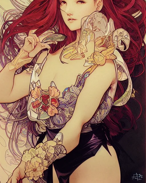 Image similar to intricate, epic composition, masterpiece, bold complimentary colors, by artgerm, range murata, alphonse mucha