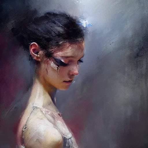 Prompt: A beautiful ballet dancer with makeup crying expression detailed painting beautiful artwork by jeremy mann trending on Artstation dramatic lightning