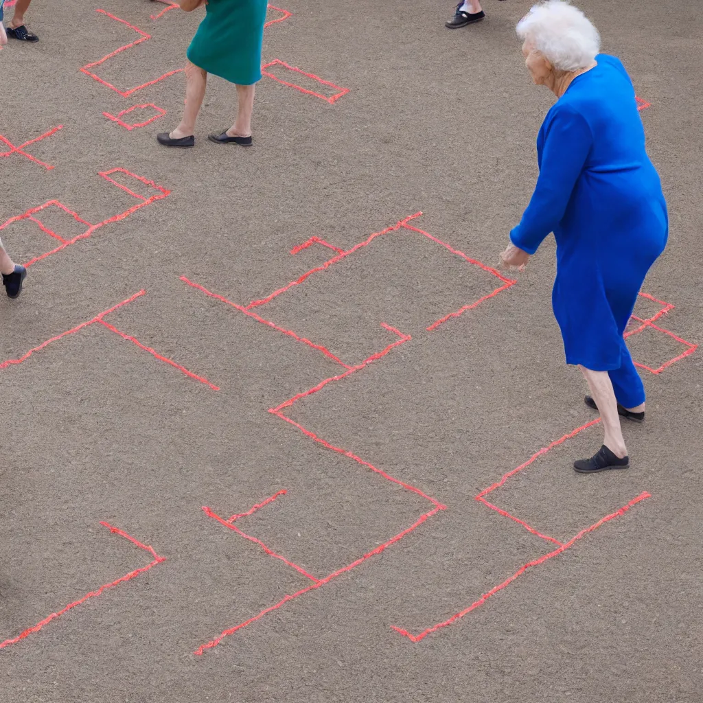 Image similar to old people playing hopscotch on the active minefield, very detailed, 4 k, professional photography