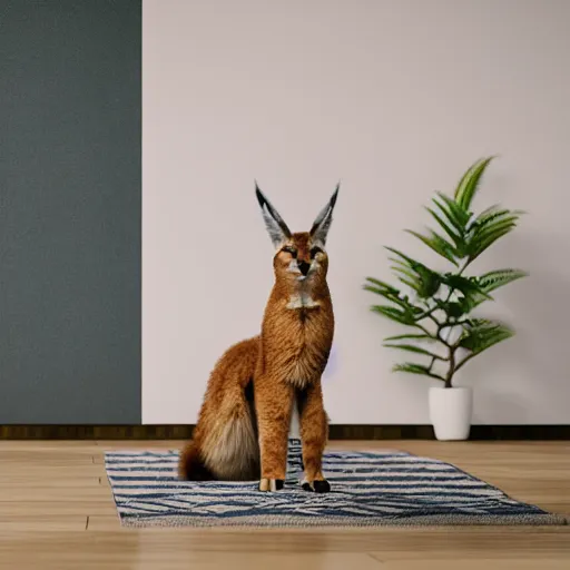 Prompt: wide-angle photo of cute caracal sitting on a wooden chair in a room, fire at background, octane render, 3d, 8k, hd, studio light