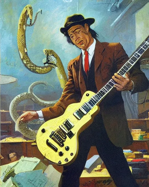 Image similar to Snake Oil salesman shredding on a Gibson Les Paul in a snake oil warehouse, painting by Frank Frazetta