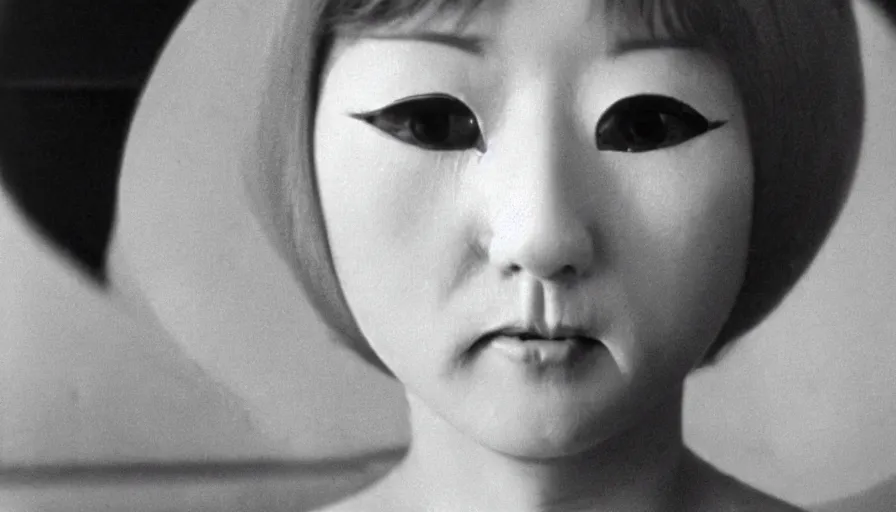 Prompt: 60s movie still of a white japanese female phantom with foetus beak, eastmancolor, heavy grain, high quality, higly detailed, liminal space