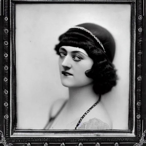 Prompt: photograph of a woman wearing flapper fashion, 1 9 1 0's, looking at the camera, aesthetic, elaborate, intricate, highly detailed, detailed face, photorealism, smooth, sharp focus, rim light, 8 k, art by man ray,