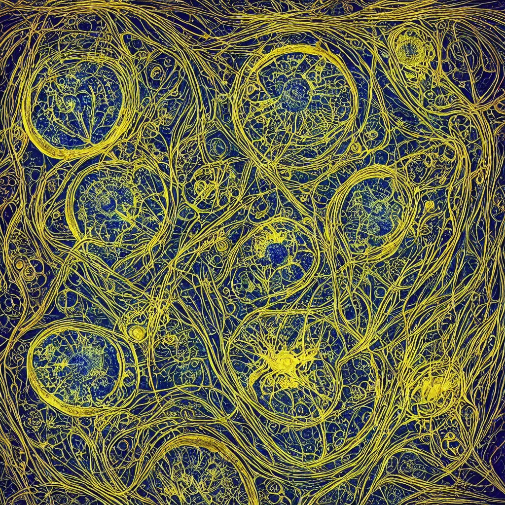 Prompt: cell to cell. a microscopic photo by earnst haeckel. polycount shutterstock contest winner, art nouveau, nuclear art, microbiology, neoplasticism. biomorphic, creative commons, fractalism, macro photography, dye - transfer, sabattier filter.