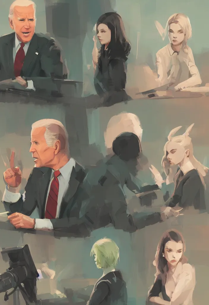 Image similar to joe biden and anya taylor - joy, epic debates, presidental elections candidates, cnn, fox news, fantasy, by atey ghailan, by greg rutkowski, by greg tocchini, by james gilleard, by joe gb fenton, dynamic lighting, gradient light green, brown, blonde cream, salad and white colors in scheme, grunge aesthetic