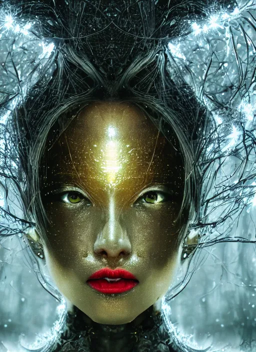 Image similar to glowing silver and golden elements, full close-up portrait, dark witch from shutterstock, book cover, green forest, white moon, red lips, establishing shot, extremly high detail, photo-realistic, cinematic lighting, pen and ink, intricate line drawings, by Yoshitaka Amano, Ruan Jia, Kentaro Miura, Artgerm, post processed, concept art, artstation, matte painting, style by eddie, raphael lacoste, alex ross