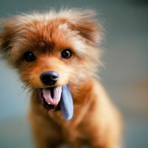 Image similar to closeup portrait of a small light brown furry dog with tongue licking its nose, natural light, sharp, detailed face, magazine, press, photo, Steve McCurry, David Lazar, Canon, Nikon, focus