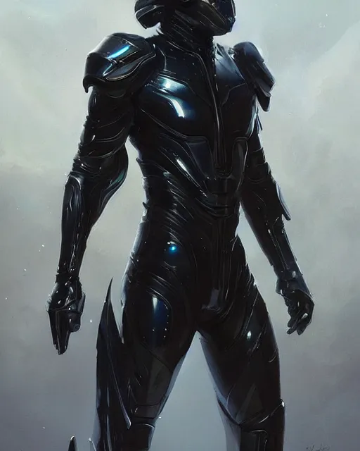 Image similar to iridescent sinewy smooth muscular male sleek glossy black pearlescent scifi armor with smooth black featureless helmet, by greg rutkowski, mark brookes, jim burns, tom bagshaw, magali villeneuve, trending on artstation