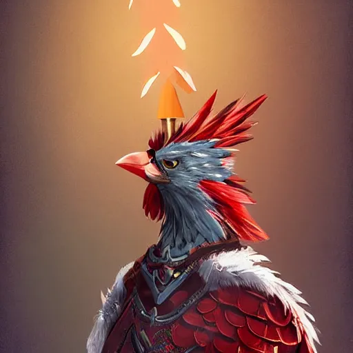 Image similar to avian leader in a army combat uniform created entirely of feathers holding a rapier with a bright red beak medieval theme rito breath of the wild, digital art, cinematic lighting