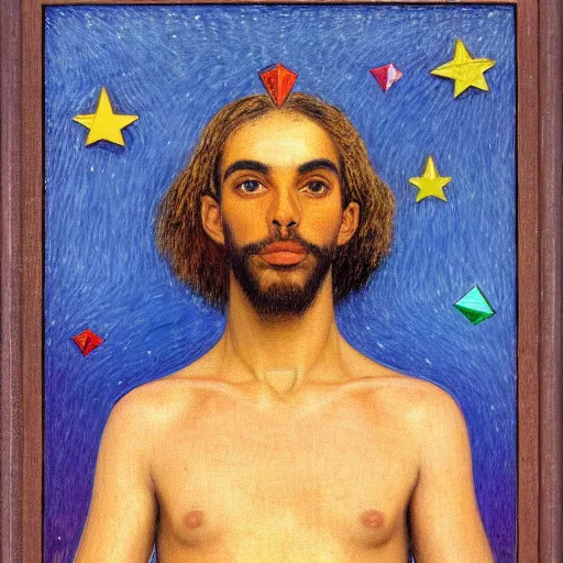 Prompt: 1 9 9 8 brazilian self - portrait of a pretty man designed by arthur bispo do rosario, jules bastien - lepage, tarsila do amaral, frank weston and gustave baumann, major arcana, clothing photography, f - 9 1 / 1 2 5, brutalism, sharp focus, colorful refracted sparkles, star lines, soft light, 8 k