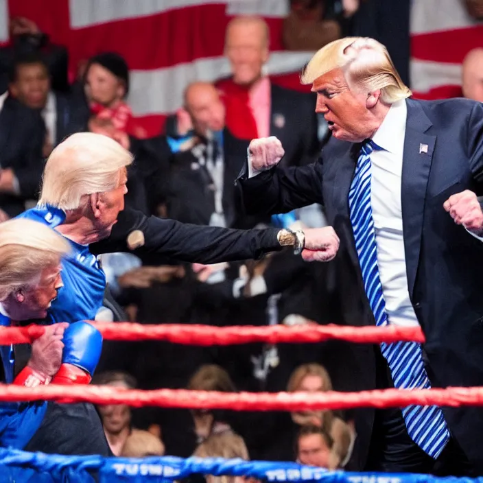 Image similar to donald trump in a boxing match with joe biden, high quality photo