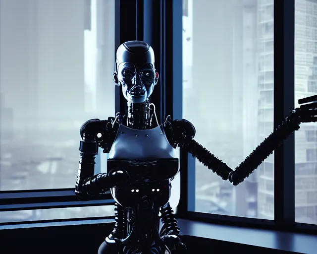 Image similar to terminator mechanical lady with borg enhancements and optical fibers is drinking coffee near a window with dystopian city visible outside. very detailed 8 k. cyberpunk fantasy style. unreal engine render. global illumination. nanite. rtx. path tracing.