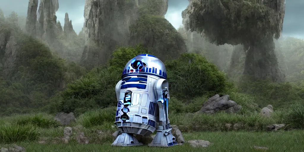 Image similar to R2D2 from Star wars, Landscape of Pandora, ultra realistic , HD, cinematic, Diffusion shading