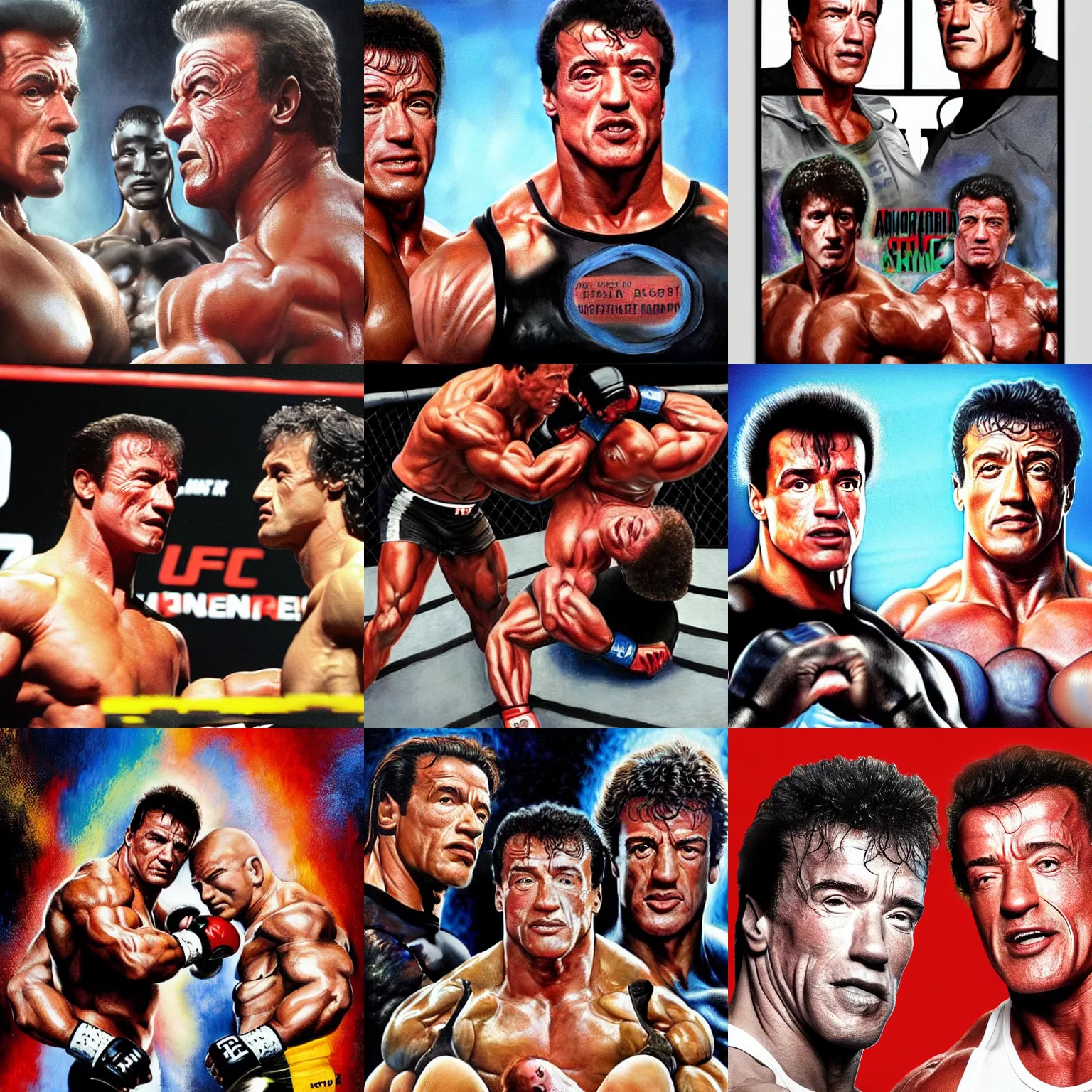 Prompt: Arnold Schwarzenegger vs Sylvester Stallone in an UFC fight in octagon, artstation hall of fame gallery, editors choice, #1 digital painting of all time, most beautiful image ever created, emotionally evocative, greatest art ever made, lifetime achievement magnum opus masterpiece, the most amazing breathtaking image with the deepest message ever painted, a thing of beauty beyond imagination or words, 4k, highly detailed, cinematic lighting