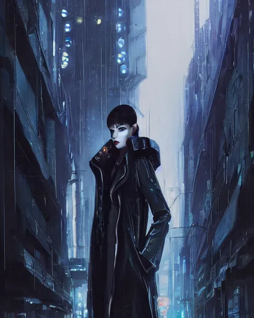 Prompt: detailed European Pretty Young Girl Storm Rain bladerunner movie Jacket coat, Futuristic sci-fi fashion, royal attire, low-emission-neon by ismail inceoglu dragan bibin hans thoma greg rutkowski Alexandros Pyromallis Nekro Rene Margitte illustrated Perfect face, fine details, realistic shaded, fine-face, pretty face