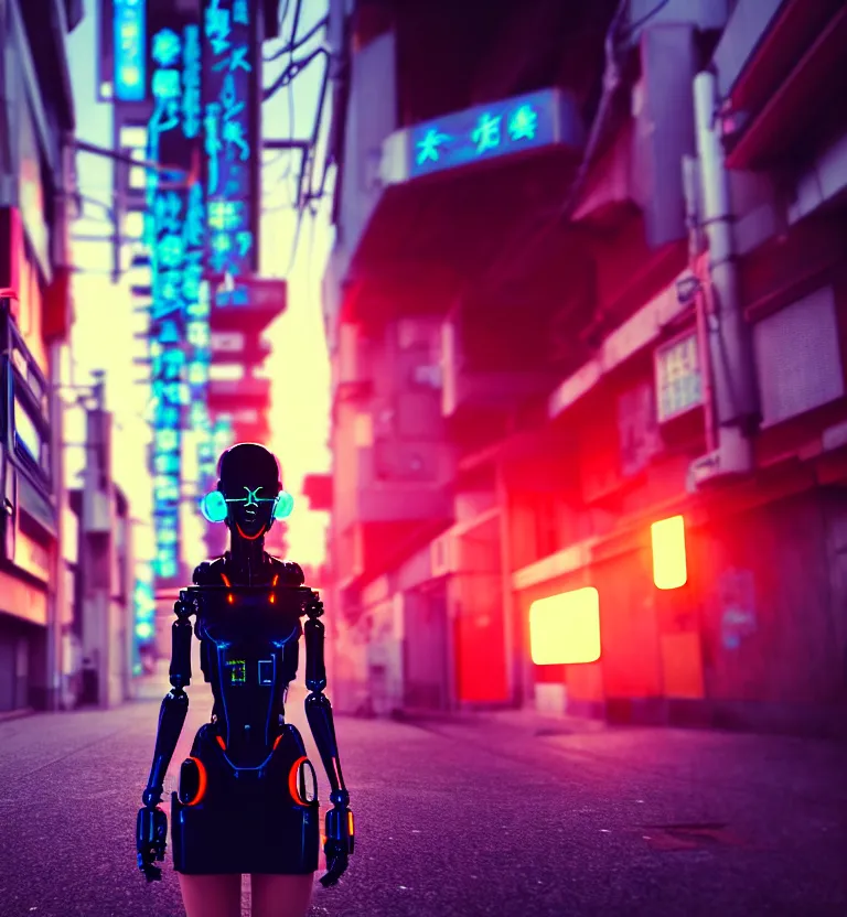 Image similar to a photo close up cyberpunk half robot half girl stands in a cyberpunk hiroshima, prefecture streets, sunset, photorealistic, cinematic lighting, very detailed, style by tomino - sama