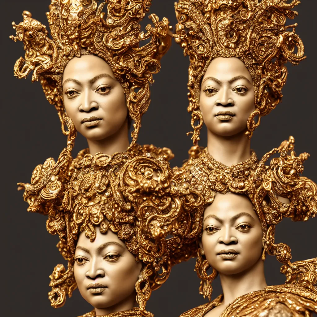 Prompt: a closeup photo - real delicate ceramic porcelain sculpture of an ornate detailed beyonce in front of a intricate background by davinci, micro detail, backlit lighting, subsurface scattering, translucent, thin porcelain, octane renderer, colorful, physically based rendering, trending on cgsociety