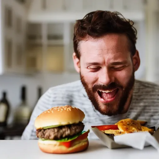 Image similar to a man enjoying a burger full of cheese in his kitchen, 4 k, cinematography, photography, realistic, detailed,