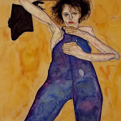 Prompt: wide angle full body portrait of ripley slipping out of her jumpsuit, watercolor, masterpiece, by Egon Schiele