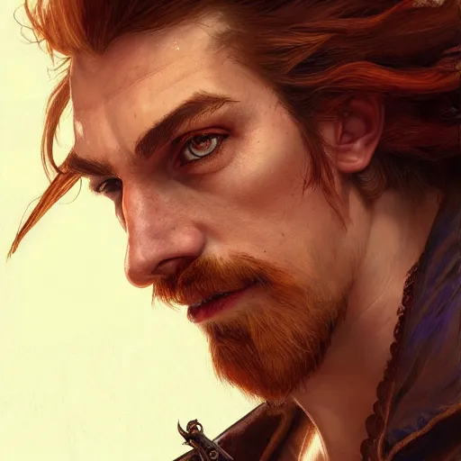 Image similar to portrait of a young rugged pirate, male, masculine, upper body, red hair, long hair, d & d, fantasy, intricate, elegant, highly detailed, digital painting, artstation, concept art, matte, sharp focus, illustration, art by artgerm and greg rutkowski and alphonse mucha