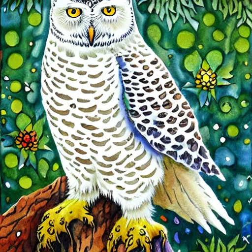 Image similar to snowy owl with cat tail and paws, gryphon, Louis William Wain watercolor, fantasy