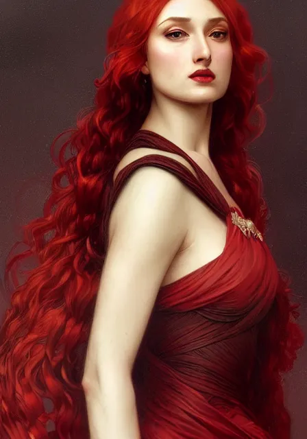 Image similar to portrait of sansa dark crimson, intricate, elegant, highly detailed, digital painting, artstation, concept art, smooth, sharp focus, illustration, art by artgerm and greg rutkowski and alphonse mucha and william - adolphe bouguereau