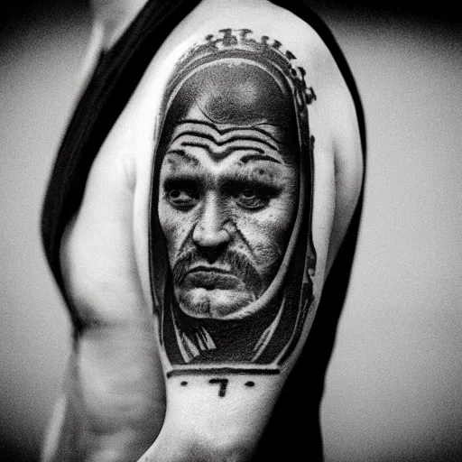 Image similar to black and white photorealistic photo of russian prison tattoos, russian criminal tattoos, nakolki, sergei vasiliev photography