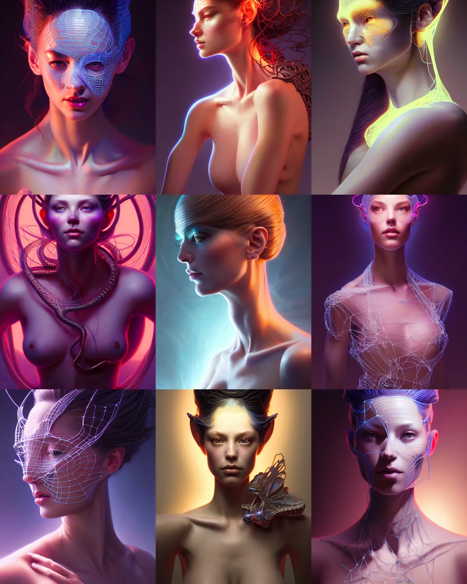 Prompt: beautiful young woman portrait, high poly 3 d glowing wireframe models, ultra realistic, dramatic lighting, intricate details, holographic artifacts, highly detailed by peter mohrbacher, boris vallejo, hajime sorayama, wayne barlowe, paolo eleuteri serpieri