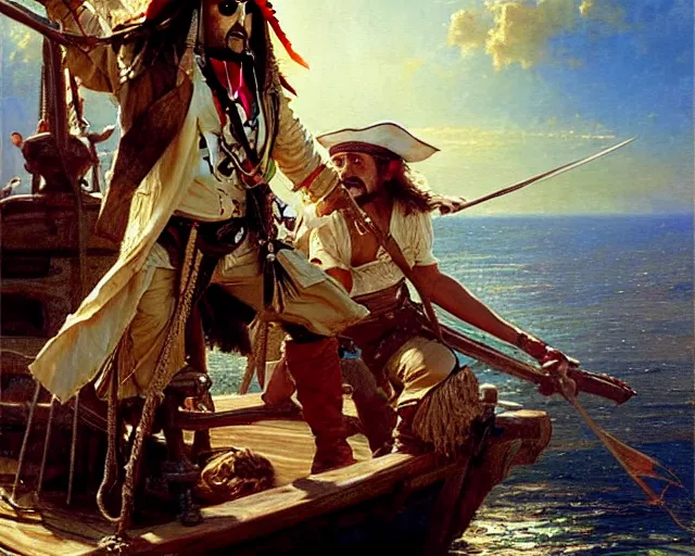 Image similar to jack sparrow sailing a ship, painting by gaston bussiere, craig mullins, j. c. leyendecker