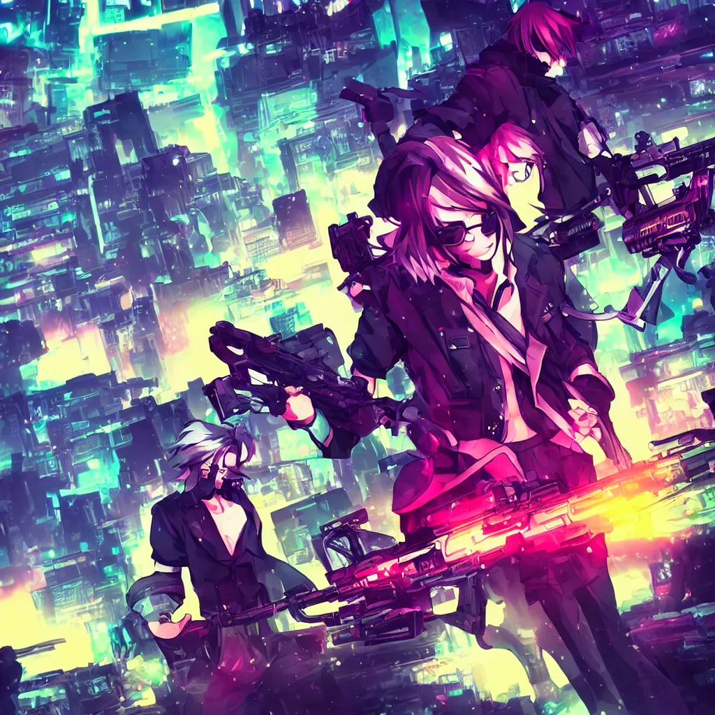 Image similar to portrait of Reaper (The World Ends With You) holding gun, cyberpunk aesthetic, city skyline on background, neon lights, glow, retrowave style