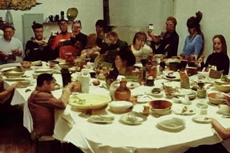 Prompt: photo of a room of people eating soup, the vibe is eerie, the image is low quality, it was found on the deep web.