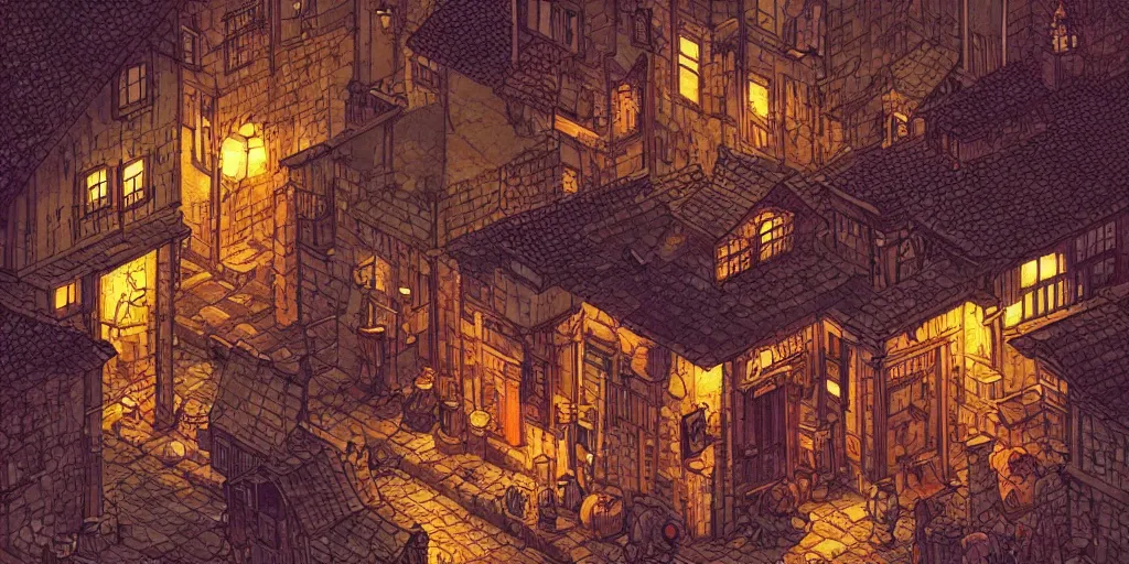 Image similar to isometric view illustration of a medieval village street corner, highly detailed, dark, gritty, at night, glowing lamps scattered around, by Victo Ngai