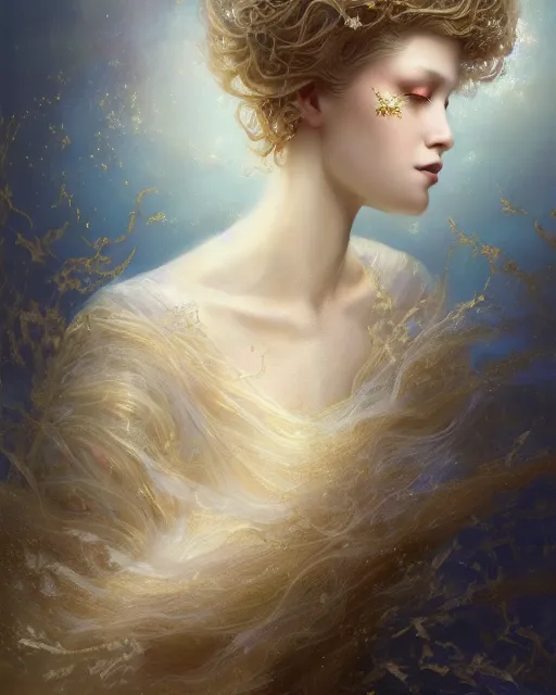 Prompt: museum curator of art and music with light gold hair, mazimalist white dress, windy, fractal crystal, fantasy beauty portrait by tom bagshaw, tooth wu, wlop, james jean, victo ngai, beautifully lit, muted colors, highly detailed, artstation, fantasy art by craig mullins, thomas kinkade