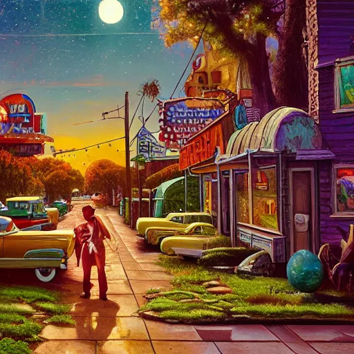 Image similar to 5 0 s tract home suburb on ancient post - apocalyptic planet, jim henson creature shop, vivid and colorful, thomas kincaid, cinematic, oil painting, highly detailed, illustration