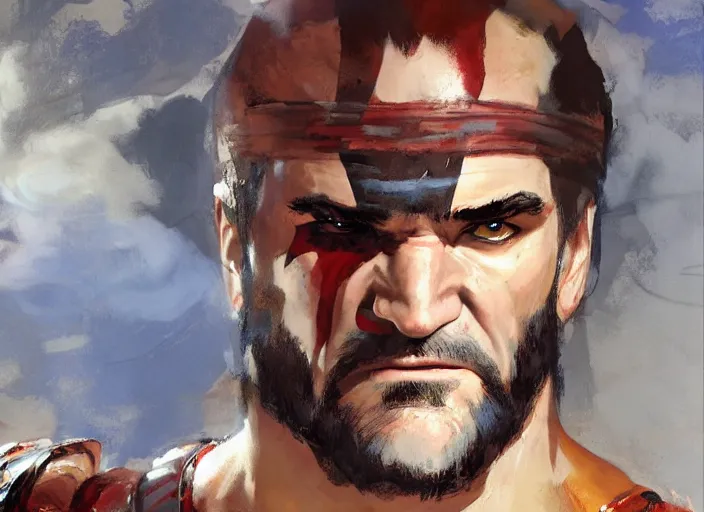 Prompt: a highly detailed beautiful portrait of tarantino as kratos, by gregory manchess, james gurney, james jean