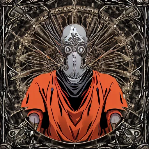 Image similar to 4K headshot portrait of godlike Plague Doctor of Nazareth with defined arms and open hands and bloody clothes with giant mandala wings , intricate face , flawless anime cel animation by Kentaro Miura, psychedelic , highly detailed upper body , professionally post-processed , beautiful, scary, symmetry accurate features, epic, octane rendered, anime masterpiece, accurate by Craig Mullins, ilya kuvshinov, krenz cushart, epic , artgerm trending on artstation by Edward Hopper and Dan Mumford and WLOP and Rutkovsky, beksinski carl spitzweg moebius and tuomas kocar, intricate artwork by caravaggio, Unreal Engine 5, Lumen, Nanite