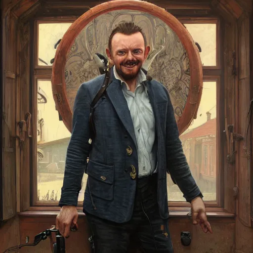 Prompt: portrait painting of simon pegg smiling with a winchester, ultra realistic, concept art, intricate details, eerie, highly detailed, photorealistic, octane render, 8 k, unreal engine. art by artgerm and greg rutkowski and alphonse mucha