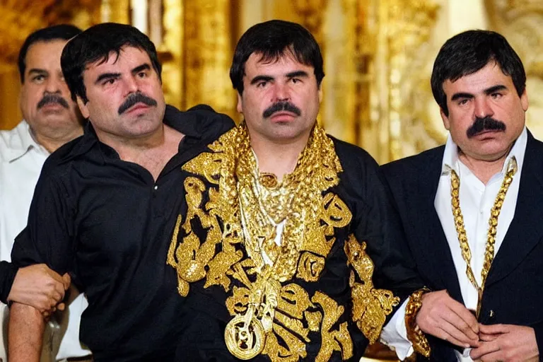 Prompt: el chapo is a genie standing in the middle of a grandiose mexican mansion. everything is made out of gold. el chapo is sipping on wine. the mansion is incredible and ornate. chapo has a clockwork chain. there are princesses and queens everywhere around him, lovely scene of a genie being a pimp