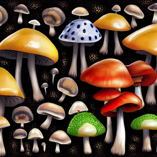 Prompt: macro photo with a mushroom character with cute eyes and mycelium, very close to real nature, natural colors and natural surroundings, painted patterns and coloring on mushrooms, 8K, highly detailed, cartoon