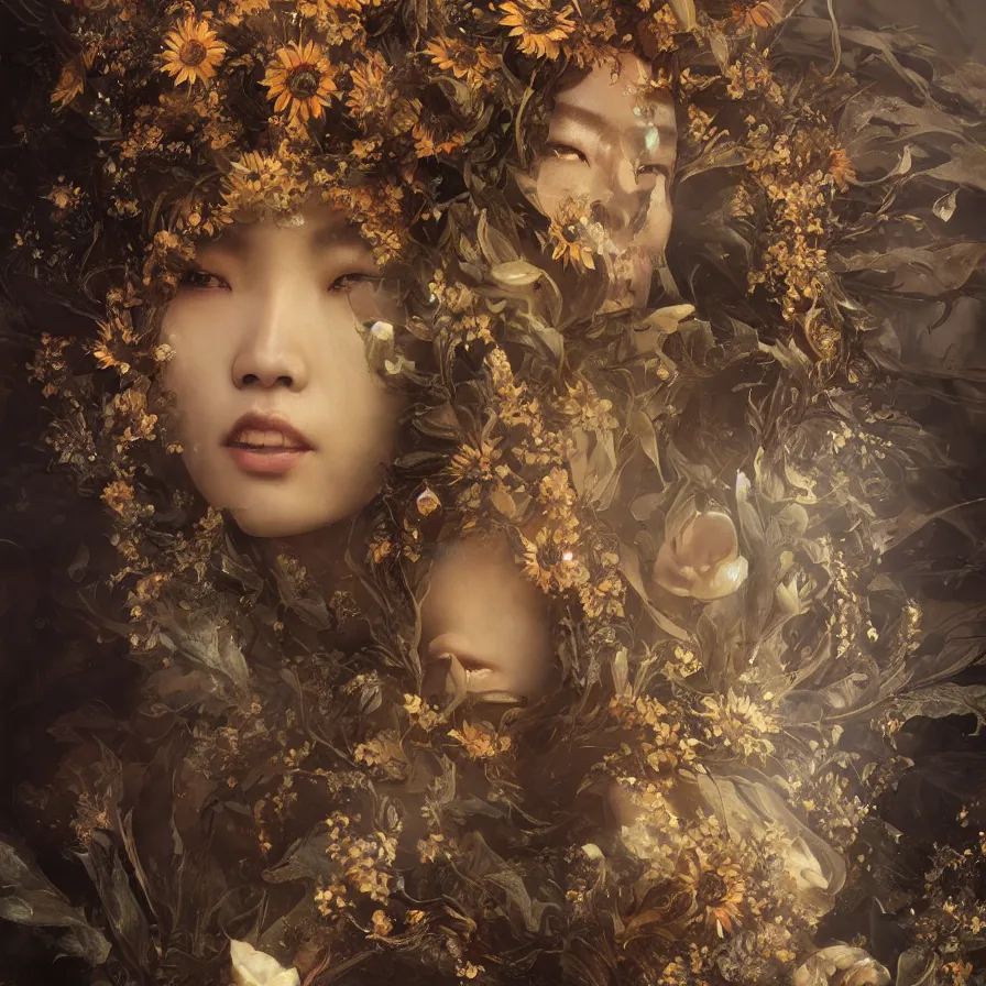 Image similar to a fancy portrait of the chinese sunflower goddess by Greg Rutkowski, Sung Choi, Mitchell Mohrhauser, Maciej Kuciara, Johnson Ting, Maxim Verehin, Peter Konig, Bloodborne, macro lens, 35mm, 8k photorealistic, cinematic lighting, HD, high details, atmospheric,