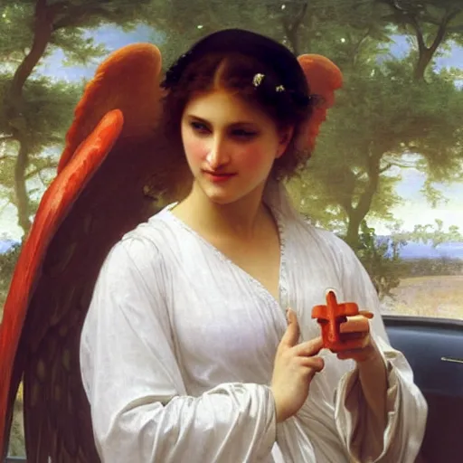 Image similar to an oil painting of an angel driving a car ordering in a drive through, interior view, by Bouguereau, highly realistic and intricate