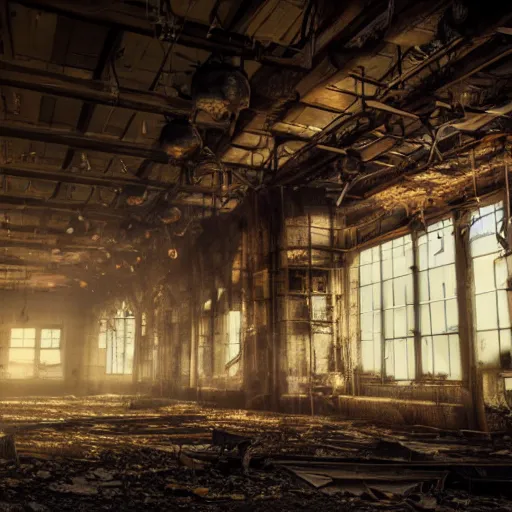 Image similar to abandoned steampunk factory with a synthesizer , cinematic light,