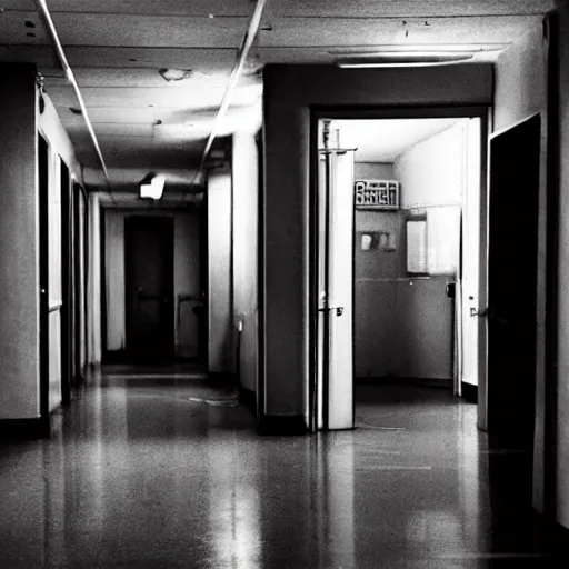 Prompt: decrepit hospital hallway, blurry shadow figure peeking through a corner, craigslist photo