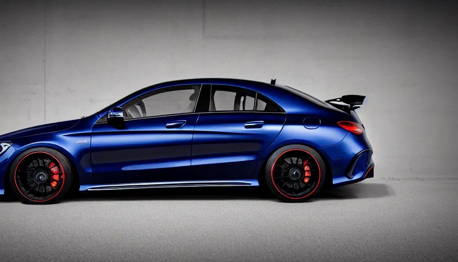Image similar to a car and driver magazine photo shot, a dark blue 2019 Mercedes cla 45 AMG heavily modified and customized as a performance tune street racing, black rims, samurai vinyl wrap, cinematic lighting, art station, volumetric light, low angle camera, redshift render, octane render, art station