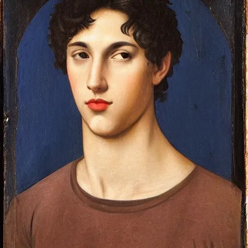 Image similar to a handsome Spanish teenage boy with dark hair and blue eyes, sharp jawline with a light beard, done in the style of a renaissance royal portrait