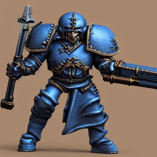 Image similar to warhammer fantasy battle, empire handgunner, detailed human face, brown hair, detailed blue eyes, strong arms, armored legs, torso plate armor, anatomically correct, realistic, hyper realistic, miniature, model, 3 d printed, base