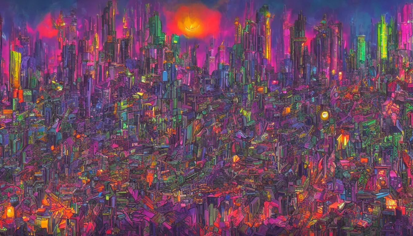 Image similar to surreal colorful nightmarish cityscape, 4k artwork by Ralph Bakshi