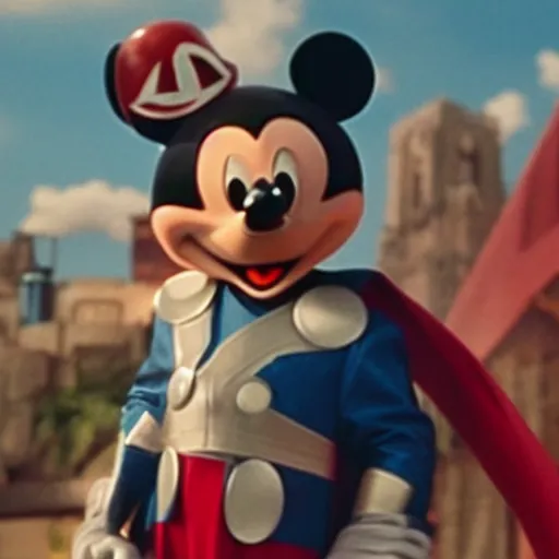 Image similar to Film still of Mickey Mouse as Thor, holding his Mjolnir