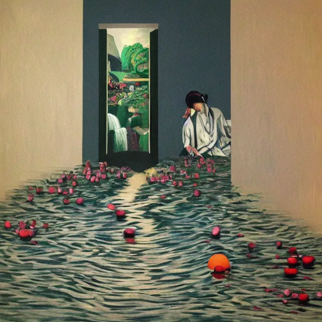 Image similar to painting of flood waters inside an apartment, tall female emo art student, a river flooding through a wall, tangelos, zen, pigs, ikebana, water, river, rapids, waterfall, black swans, canoe, pomegranate, berries dripping, acrylic on canvas, surrealist, by magritte and monet